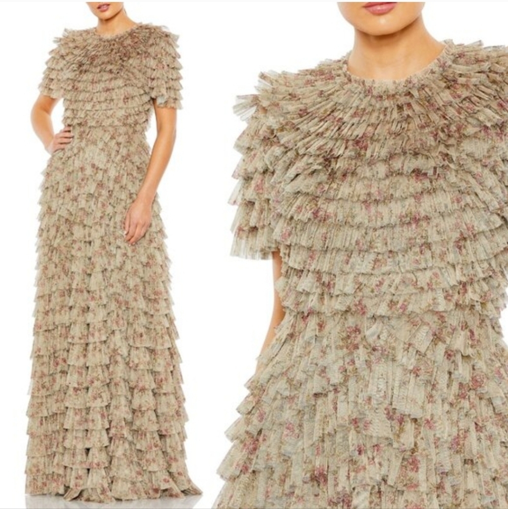 Mac Duggal 8017 Ruffle TieredShort Sleeve A-Line Gown Size10 $798